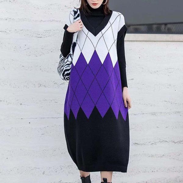 Women Hit Color Patchwork Small Fresh Sleeveless Pullover Elegant Minority Dress