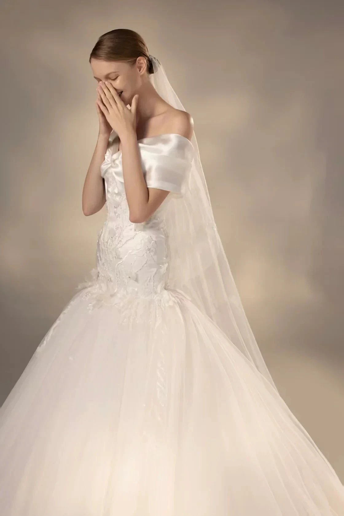 Gorgeous Long Ball Gown Off-the-Shoulder Satin & Tulle Wedding Dress with 3D Embroidery & Cathedral Train (ZD16909)