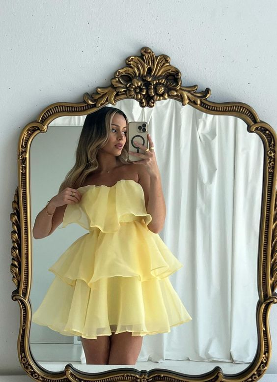 Cute Yellow Strapless Multi-Layered A Line Homecoming Dress - VelvetHem