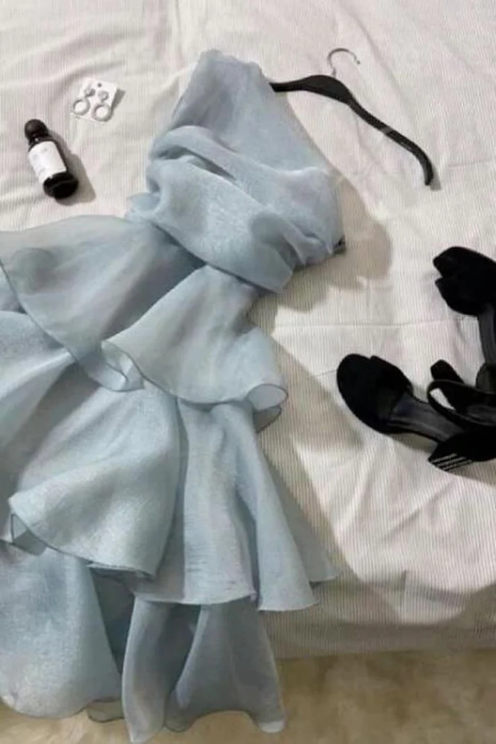 Elegant One Shoulder Blue Layered Homecoming Dress Mini Party Gown - VelvetHem