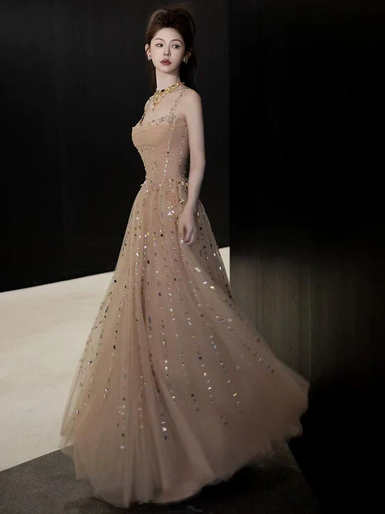 A Line Champagne Long Prom Dress Sexy Evening Dresses