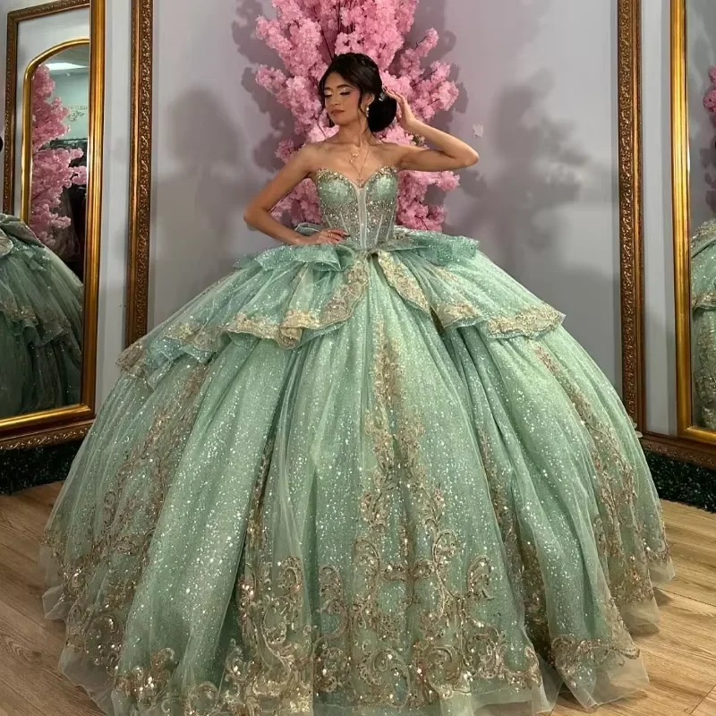 Charming Green Tulle Sequins Gold Appliques Ball Gown,Formal Quinceanera Dress - VelvetHem