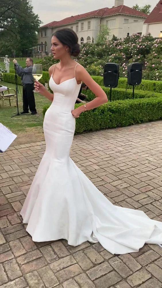 Mermaid Spaghetti Straps Satin Wedding Dress Glamorous White Wedding Dress (ZD13590) - VelvetHem