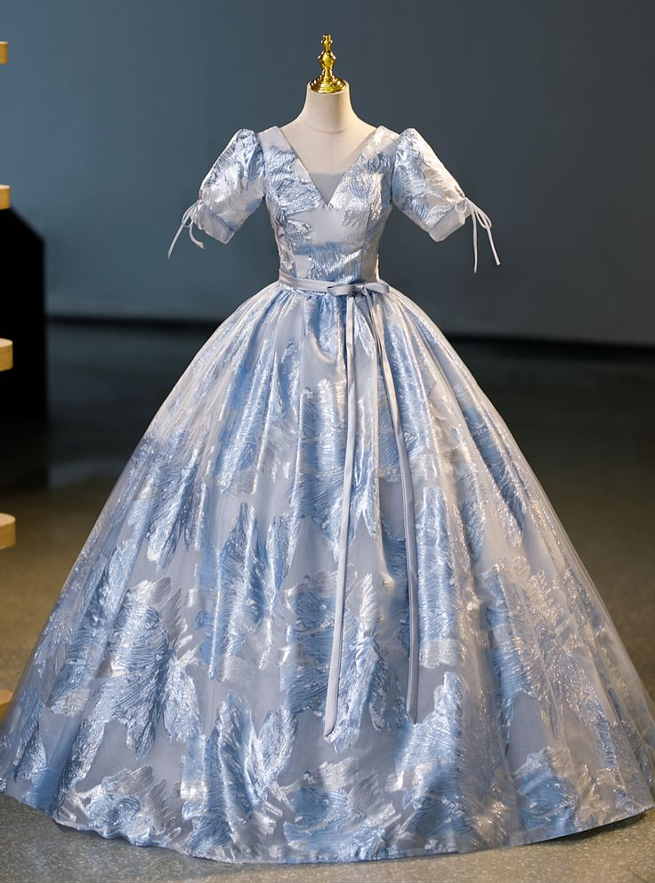 Elegant Blue Satin Print Princess Quinceanera Dress A Line Ball Gown - VelvetHem