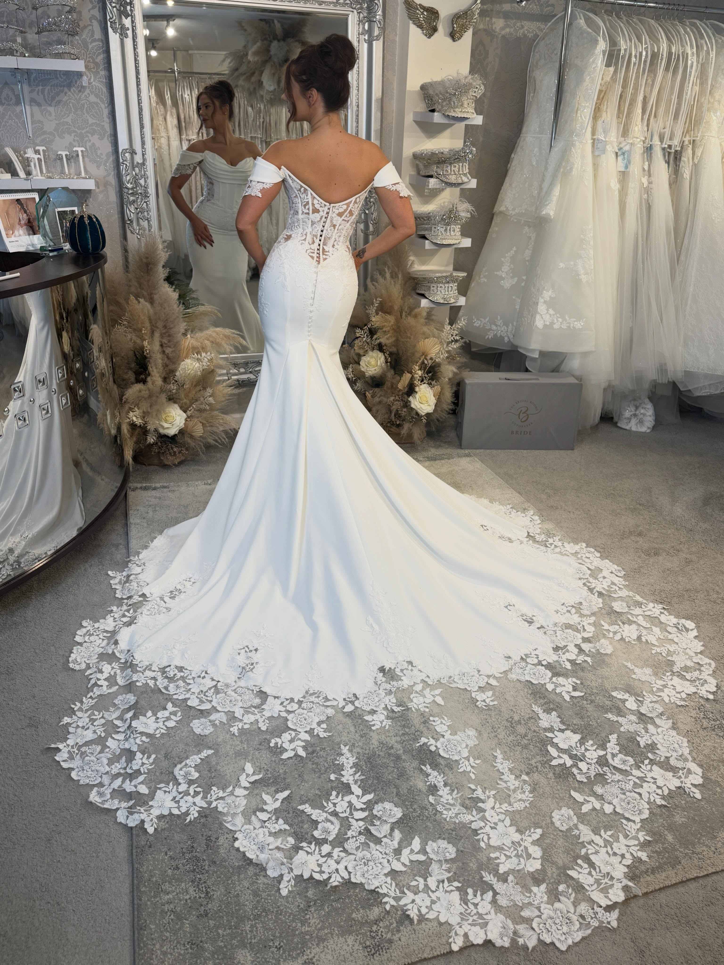 Modern Off-Shoulder Draped Bodice Satin Mermaid Wedding Dress With Lace Chapel Train