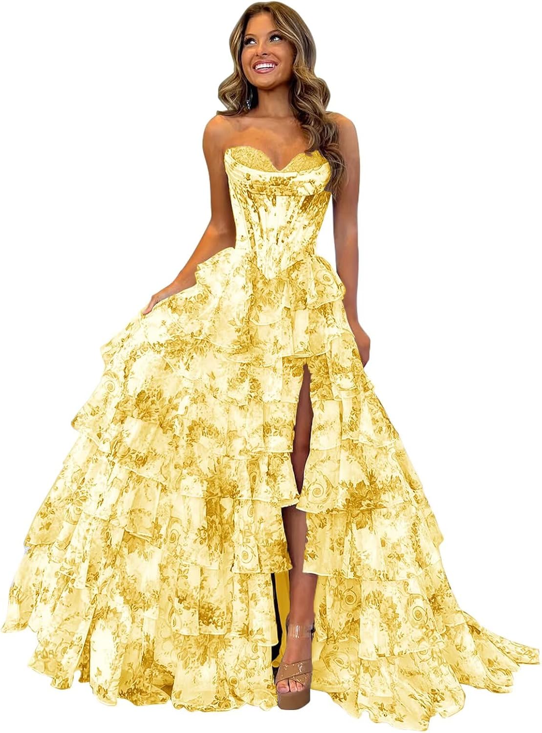 Strapless Corset Prom Dresses for Women 2025 Long Tiered Ruffle Chiffon Formal Evening Gown with Slit