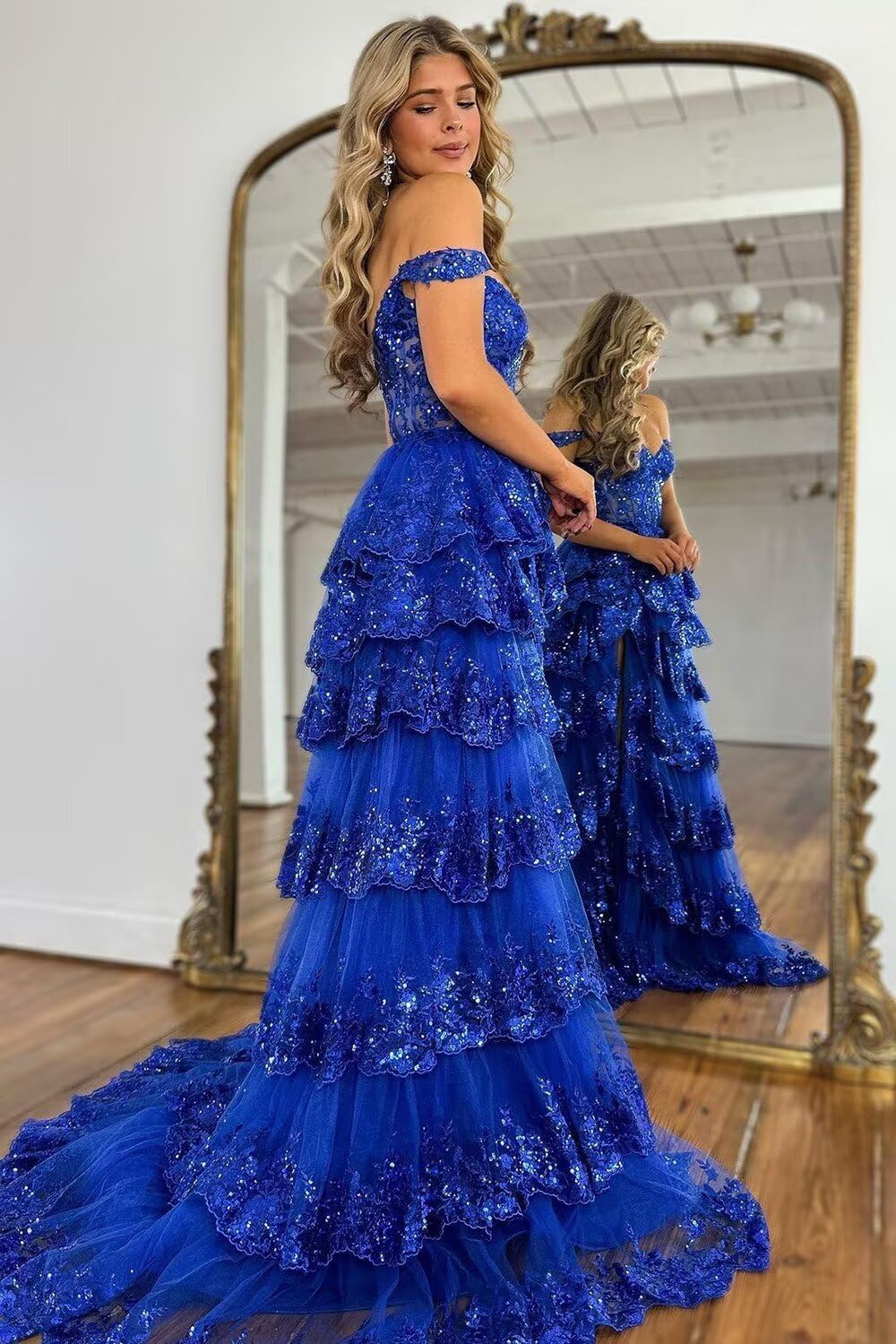 Sparkly Tiered Lace Tulle Prom Dresses Long 2025 Spaghetti Straps Formal Corset Evening Gown with Slit