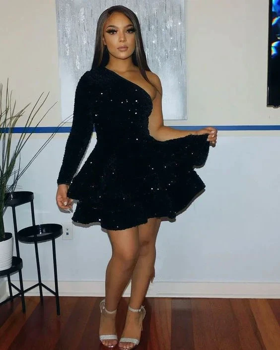 Sparkly Sequin Cocktail Dresses Short A Line One Shoulder African Women Formal Long Sleeve Homecoming Dress (ZD12683) - VelvetHem