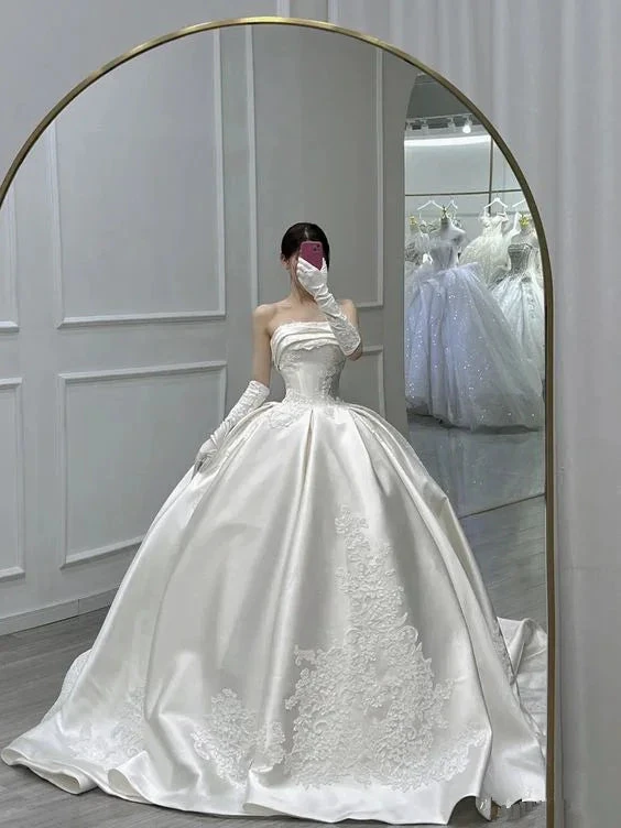 Stunning White Strapless Satin Wedding Dress,White Bridal Gown Y6859 by simplepromdress