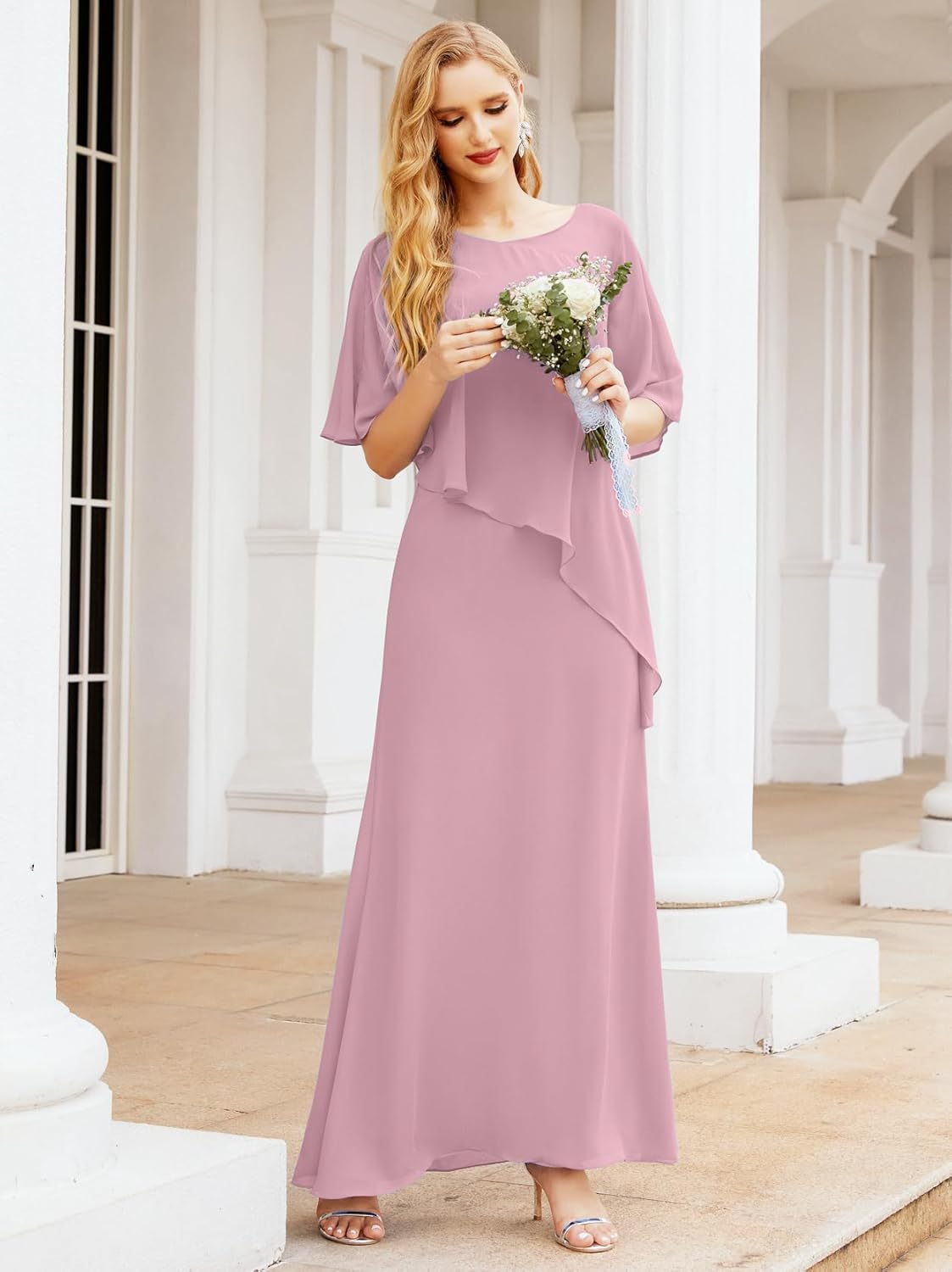 Sunnderly Chiffon Plus Size Mother of The Bride Dresses Formal Prom Gown Ruffle Cape