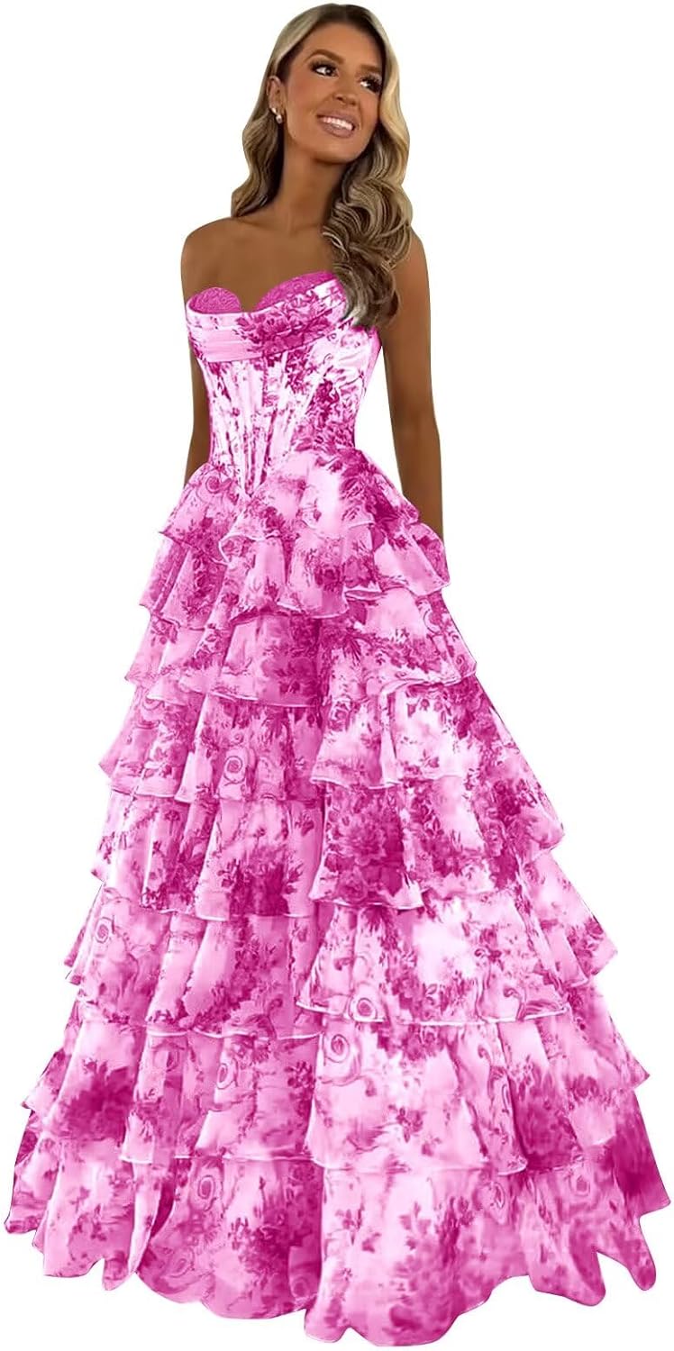 Strapless Corset Prom Dresses for Women 2025 Long Tiered Ruffle Chiffon Formal Evening Gown with Slit