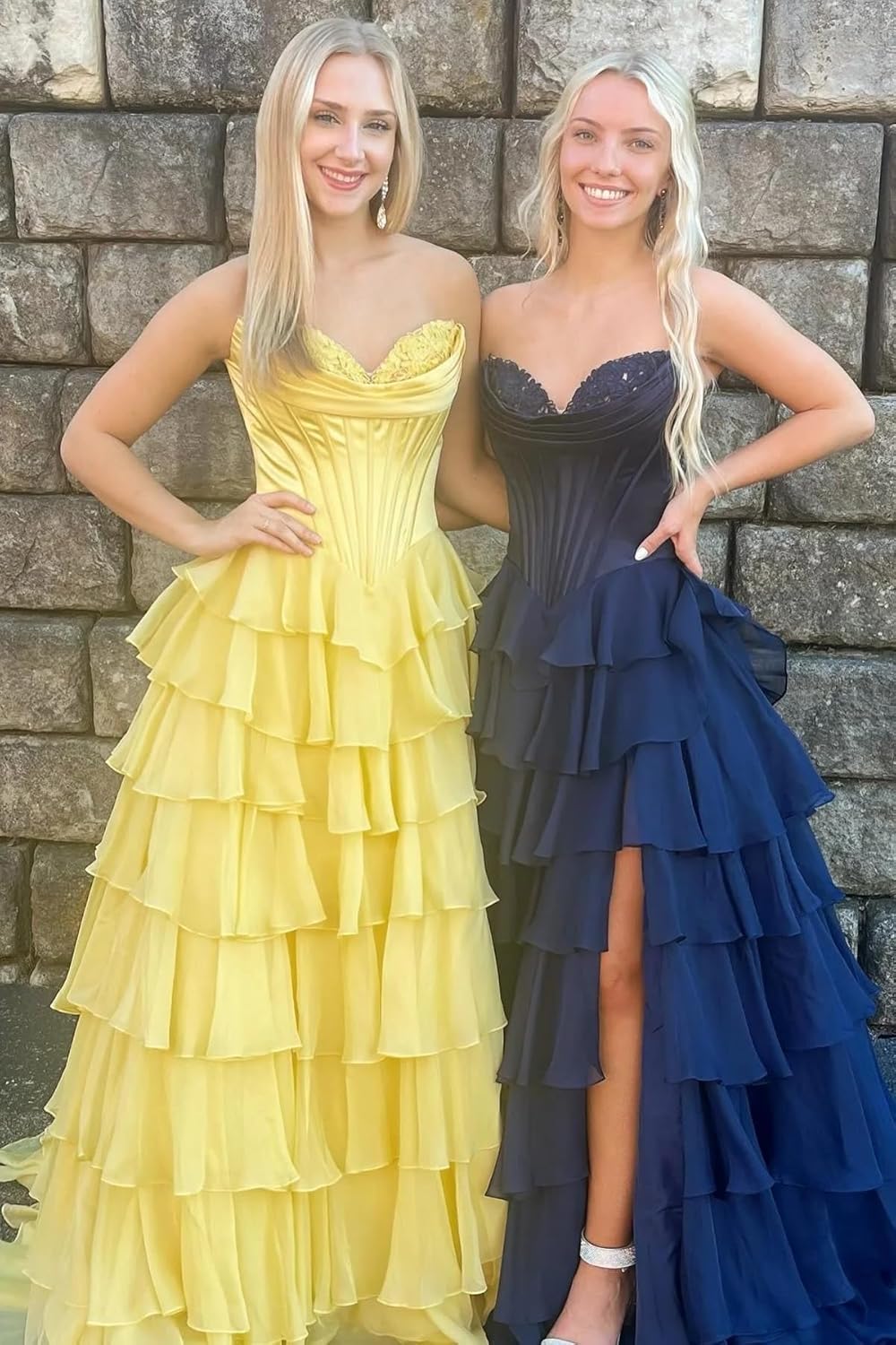 Strapless Corset Prom Dresses for Women 2025 Long Tiered Ruffle Chiffon Formal Evening Gown with Slit