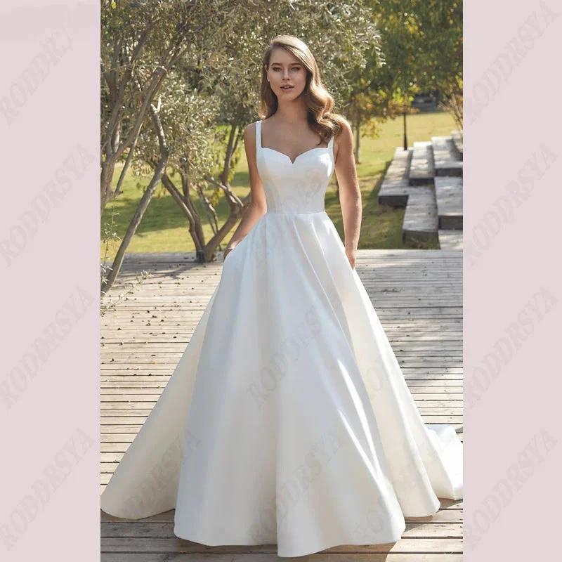 Civil V-Neck Wedding Dresses Square Collar Satin Bridal Gowns A-line Backless Buttons Bride Party Spaghetti Straps (ZD13514) - VelvetHem