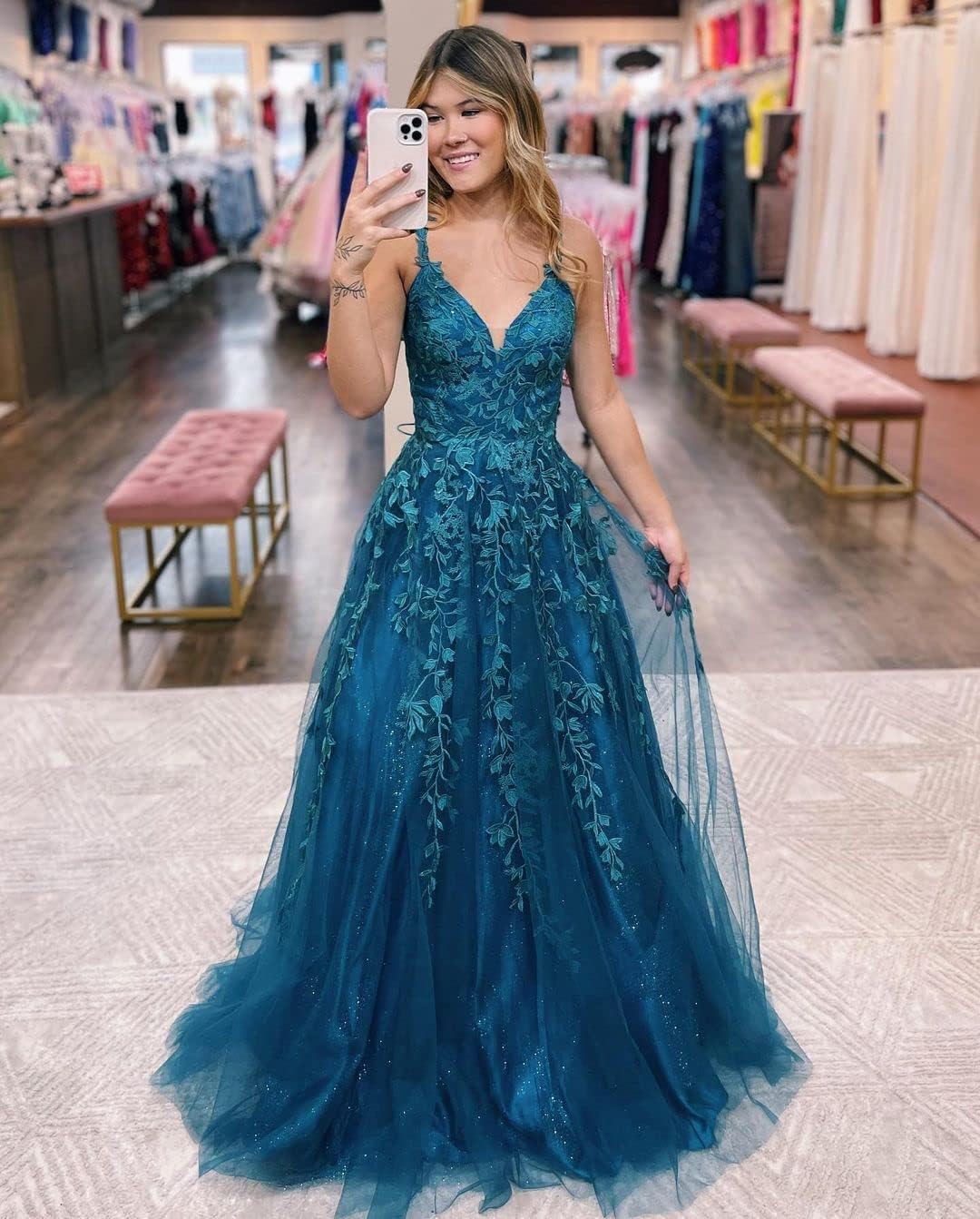 Floral Lace Glitter Tulle Prom Dress Long Ball Gown V Neck Formal Evening Dress Maxi Party Gown