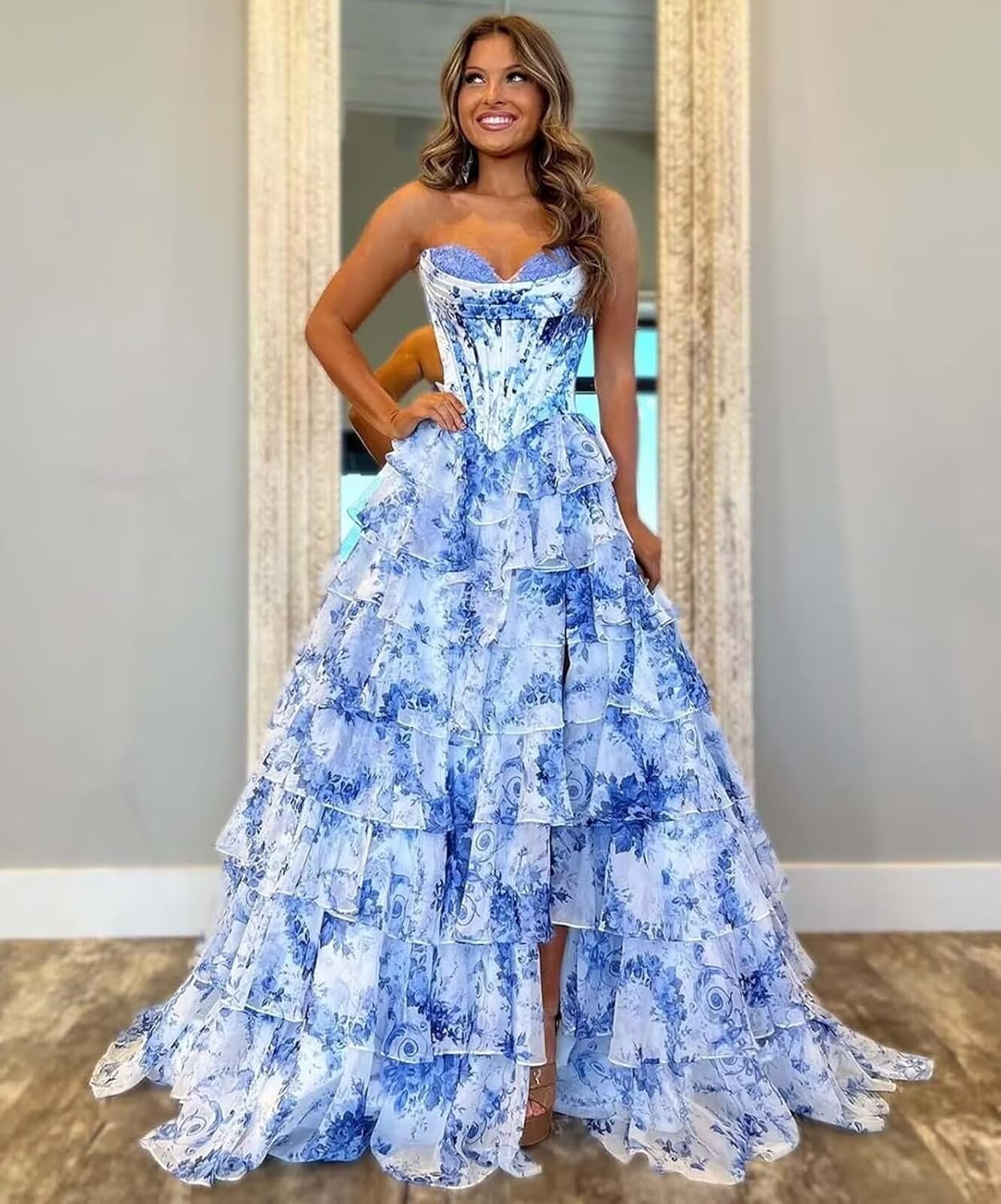 Strapless Corset Prom Dresses for Women 2025 Long Tiered Ruffle Chiffon Formal Evening Gown with Slit