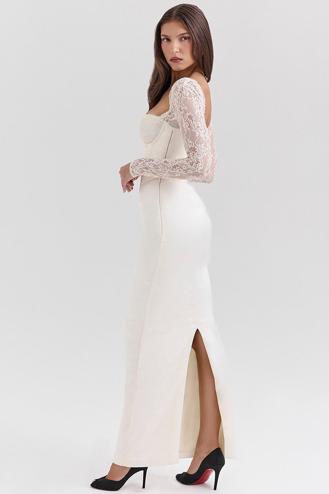 Long Sleeve Lace Satin Maxi Dress - View 4 | VelvetHem