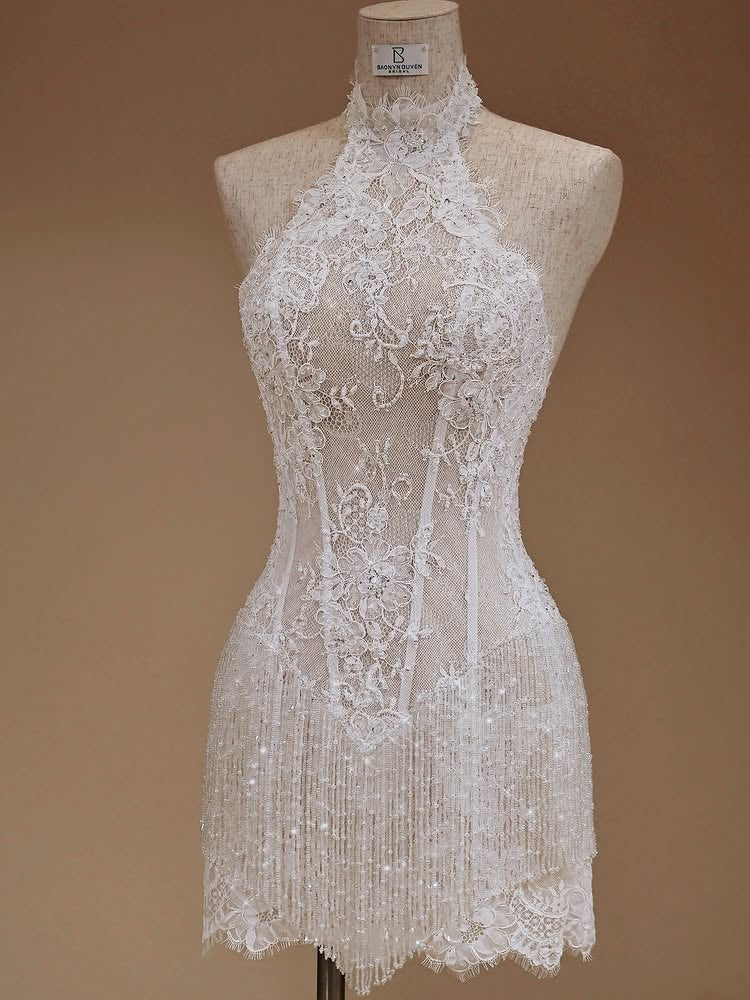 Sheath Halter Lace Beaded Fringe Short Bridal Party Dress