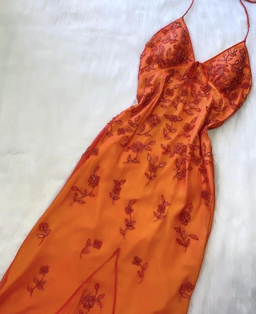 Beautiful Orange Straps Beaded Long Prom Dress Evening Dress Y7506 - VelvetHem