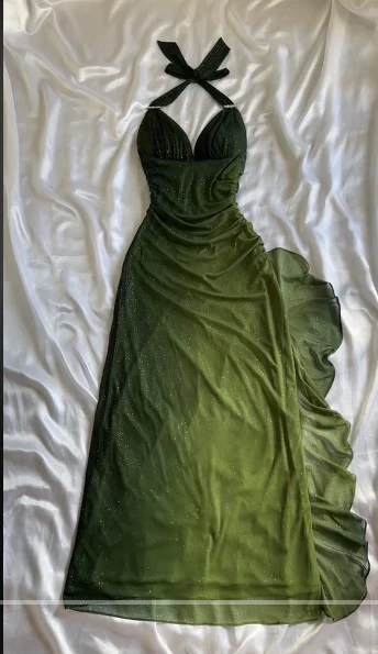 Sexy Halter Ombre Green V Neck Chiffon Long Prom Dress Party Evening Gown Y7484 - VelvetHem