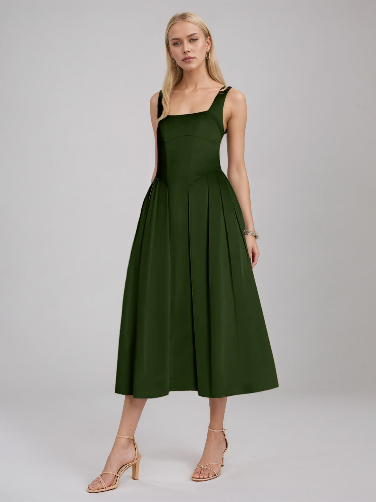 Olive Green A Line Satin Square Neck Sleeveless Tea Length Dress - VelvetHem