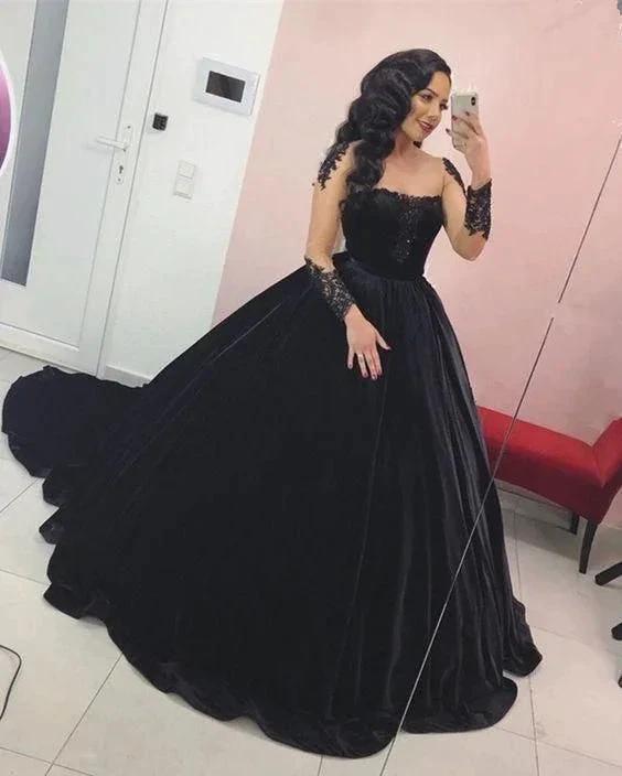 Black velvet wedding dresses ball gown lace appliques long sleeves for bride Y1151 by simplepromdress