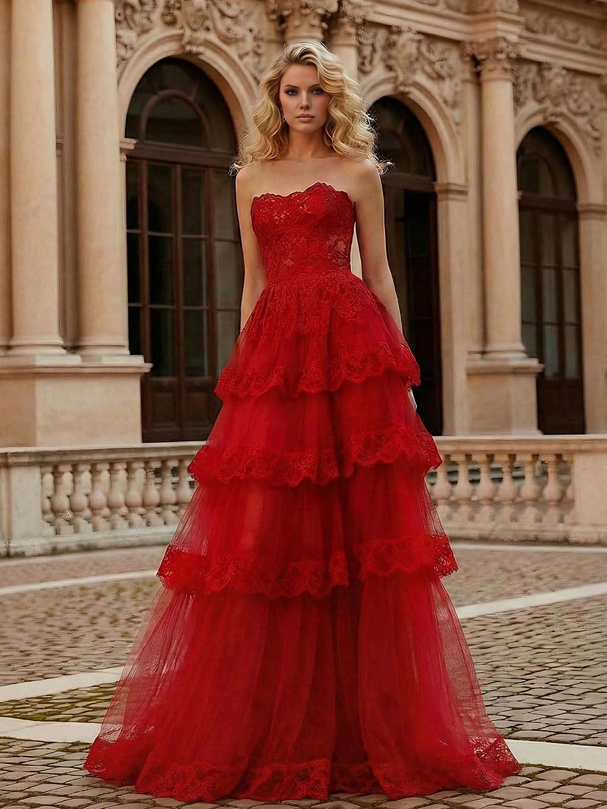 Red Tiered Tulle Strapless Lace Bodice A-Line Long Prom Dress - VelvetHem