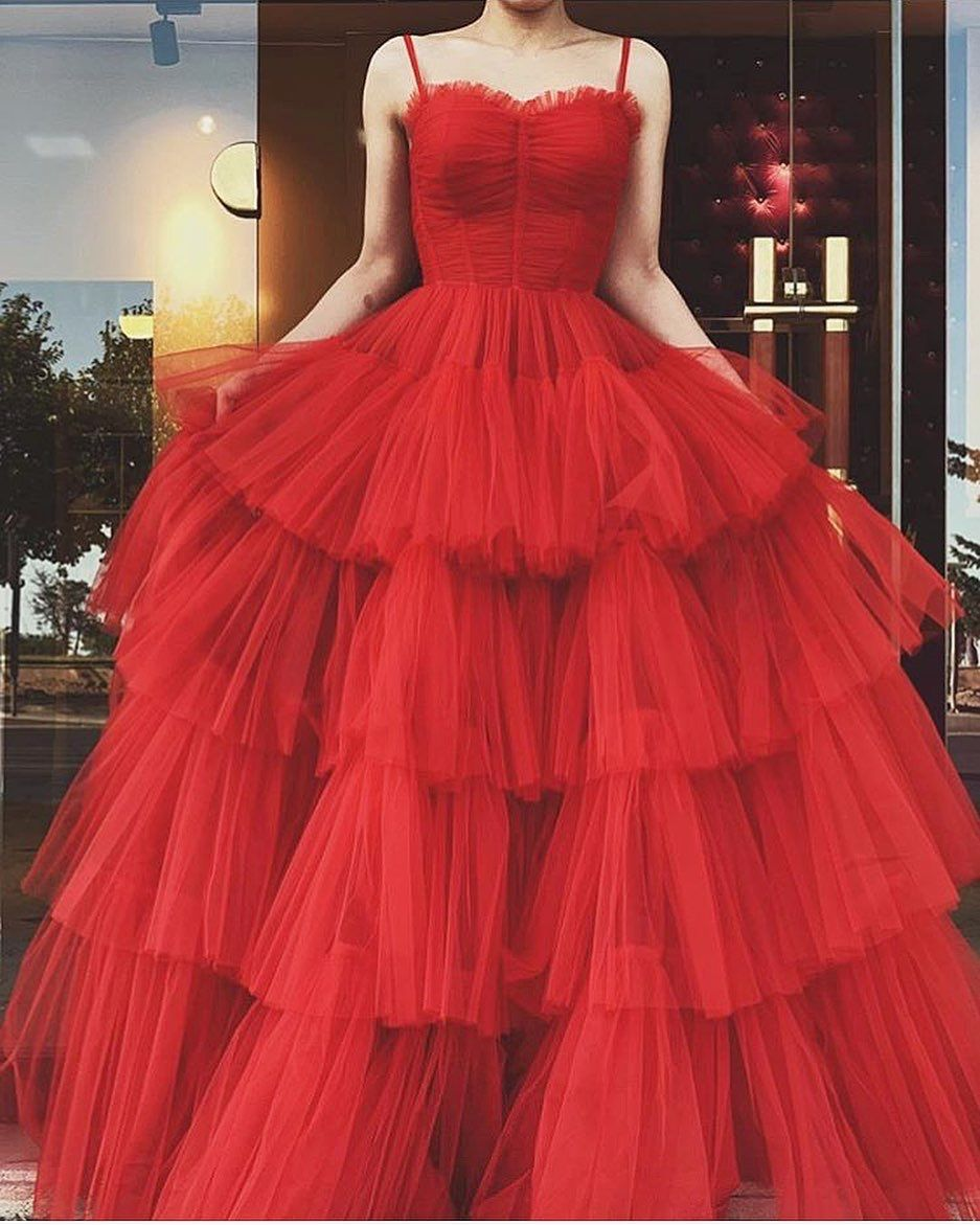 A-line Spaghetti Straps Red Tulle Tiered Prom Dress Red Evening Gown Y4644 - VelvetHem