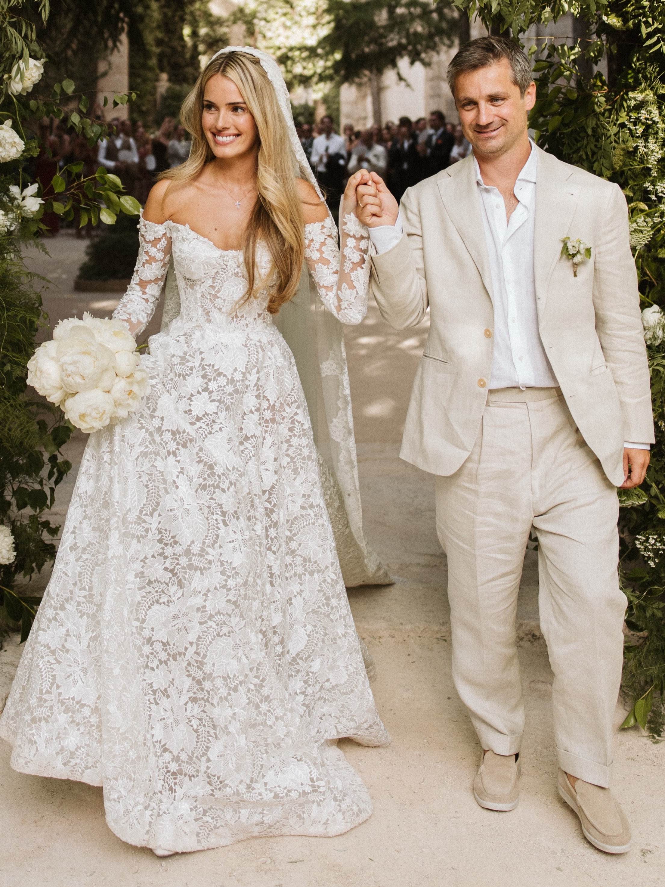 Off-Shoulder 3/4 Sleeve Full Lace A-Line Open Back Wedding Dress With Train