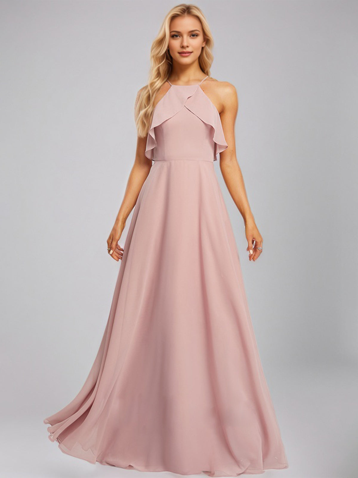 Dusty Rose A-Line Halter Floor-Length Chiffon Bridesmaid Dress With Ruffle - VelvetHem