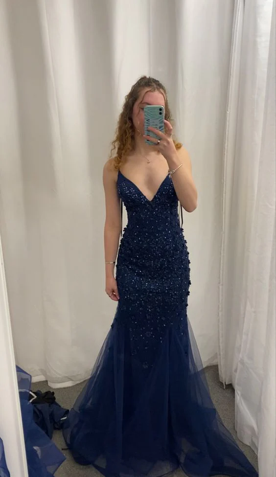 Vintage Navy Blue Prom Dress Sexy Mermaid Evening Dress Y7888 - VelvetHem