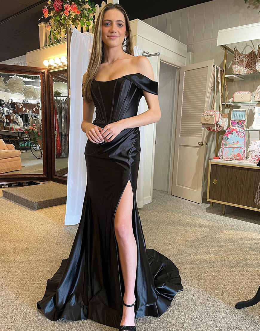 Mermaid Glitter Satin Off-the-Shoulder Prom Dress - VelvetHem