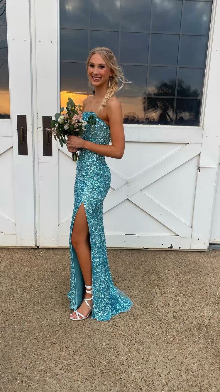 Strapless Sequins Long Prom Dress With Side Slit Sparkly Evening Dress - VelvetHem