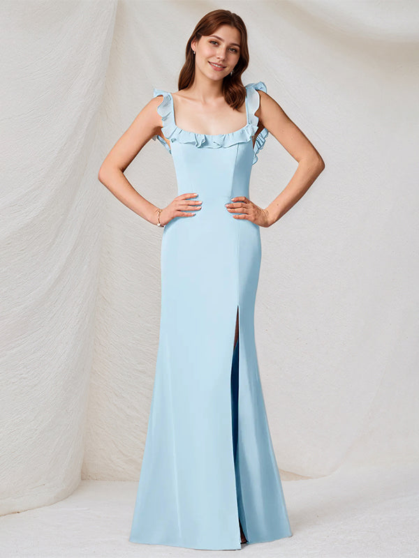 Sky Blue Chiffon Square Neck Sleeveless Floor Length Dress With High Slit - VelvetHem