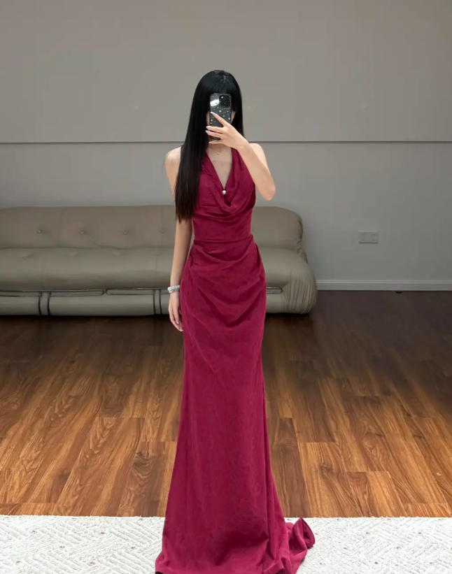 Halter Neck Burgundy Mermaid Evening Dress Birthday Outfit Prom Party Dress - VelvetHem