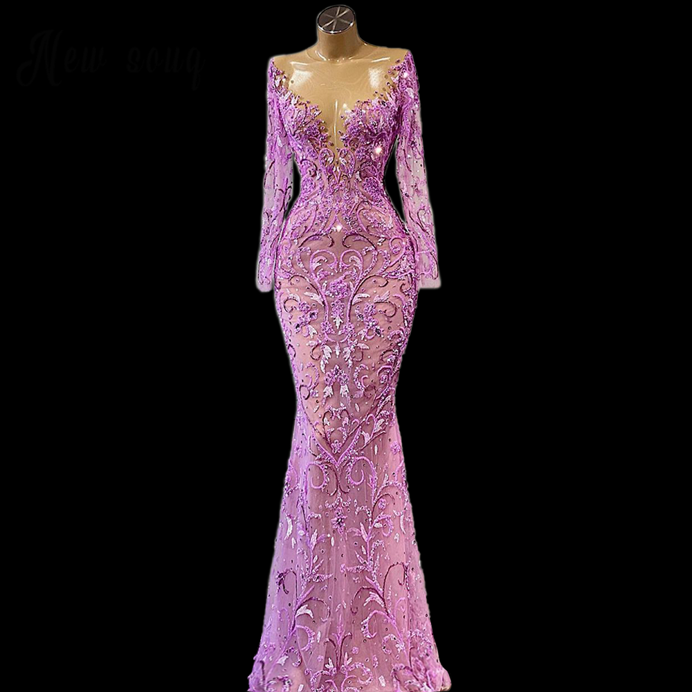 Long Sleeve Women's Evening Dress Purple Mermaid Evening Gowns Handmade Beaded Wedding Evening Dress - VelvetHem