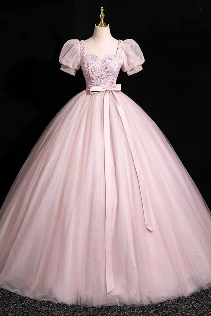 Pink Short Sleeves Floor Length Tulle Long Prom Dress, Long Pink Tulle Formal Evening Dress - VelvetHem