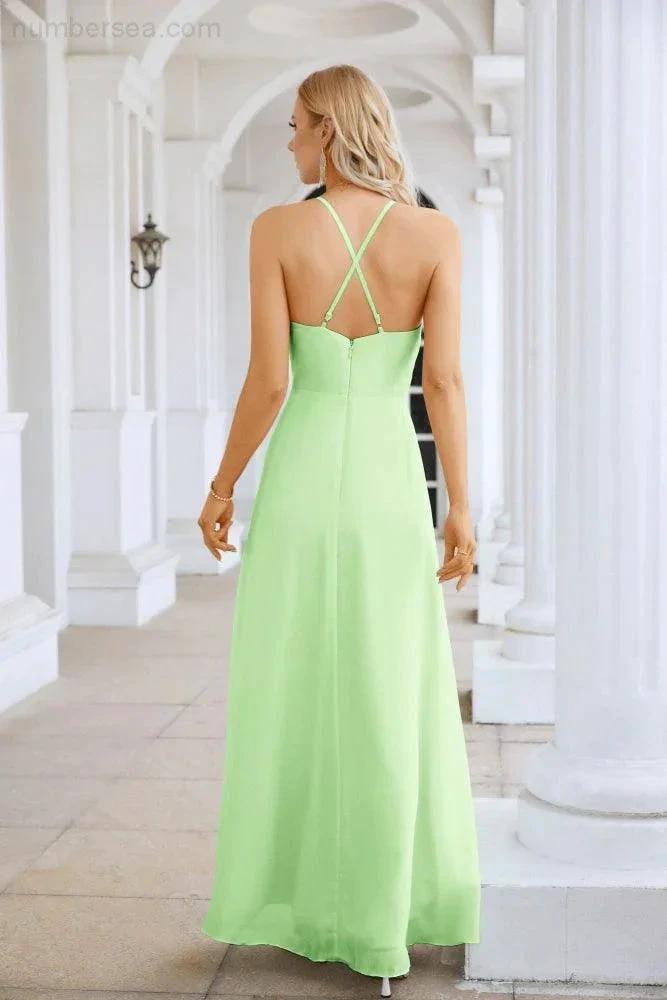 Ladies Chiffon Spaghetti Strap V Neck Front Slit Floor Length Bridesmaid Evening Dress Prom Party Wedding Evening Dress 28116 (ZD17012)