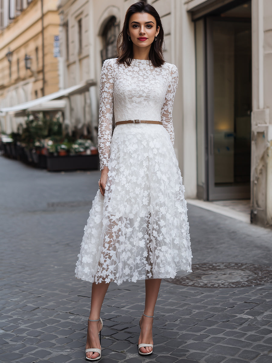 Elegant Floral Lace Long-Sleeve Midi Dress