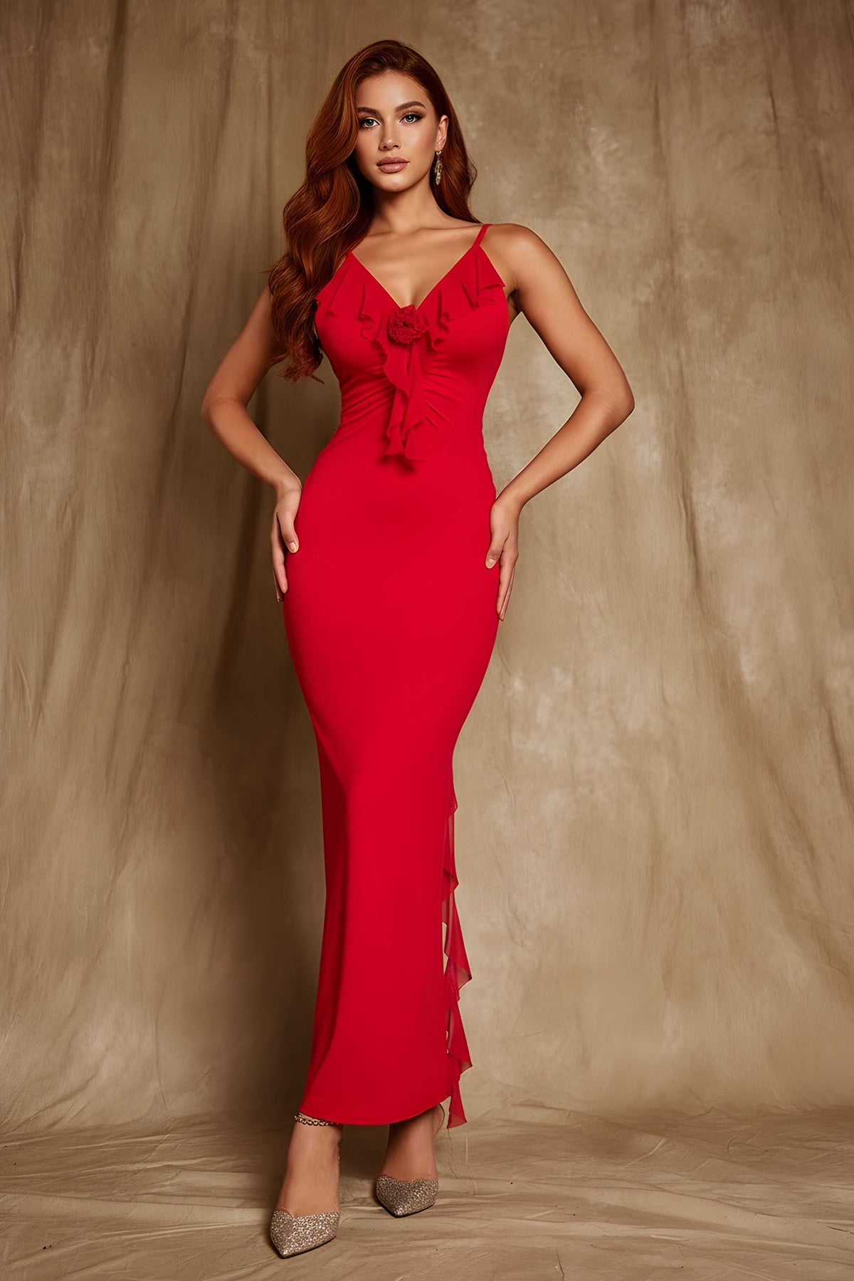Sleeveless V-Neck Maxi Dress with Ruffled Trim and Open Back - VelvetHem
