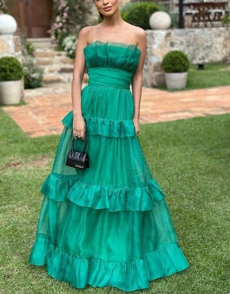 Green Strapless Tulle Layered Long Prom Dress A Line Evening Party Dress - VelvetHem