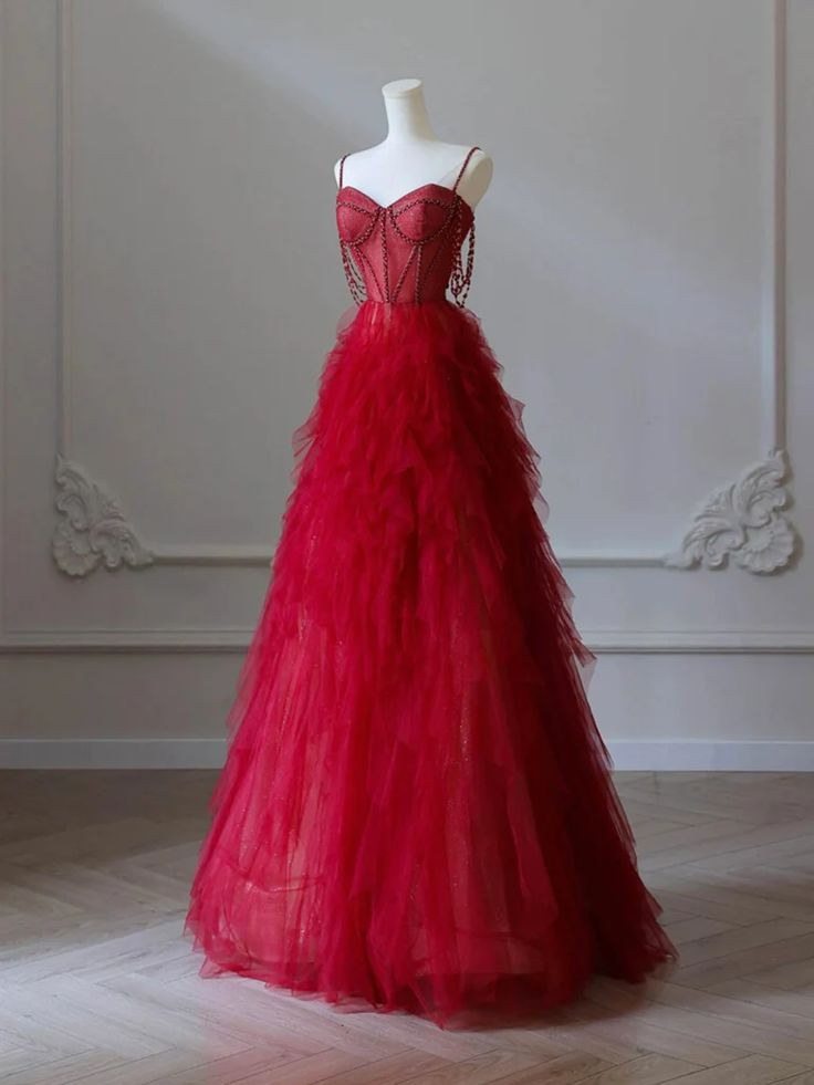 Charming Burgundy Sweetheart Neck Tulle Beads Long Prom Dress A Line Party Evening Gown - VelvetHem