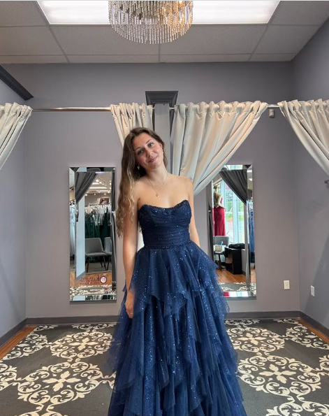 Sparkly Tulle Sequins Evening Dress Navy Blue A Line Prom Dress Y8146