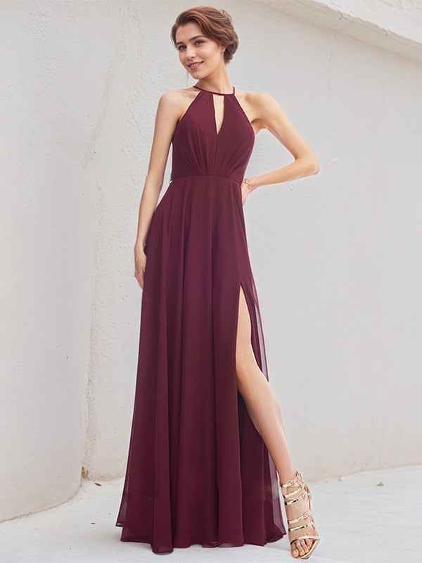 Mulberry A-Line Halter Floor-Length Chiffon Bridesmaid Dress - VelvetHem
