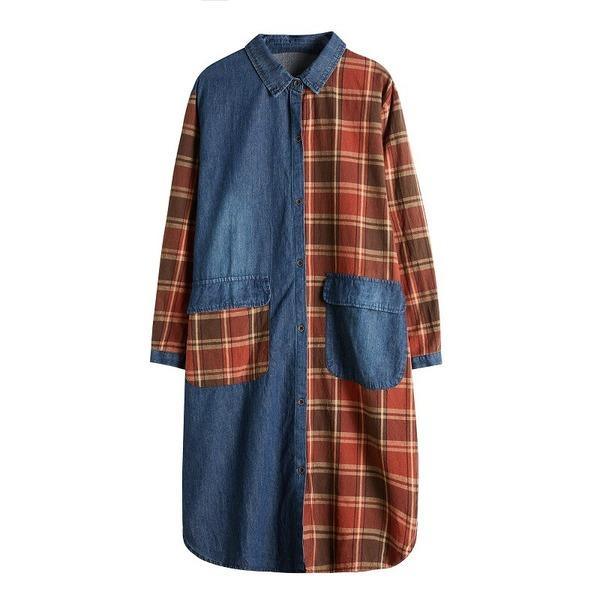 long sleeve plus size cotton denim vintage plaid women casual loose midi autumn shirt dress