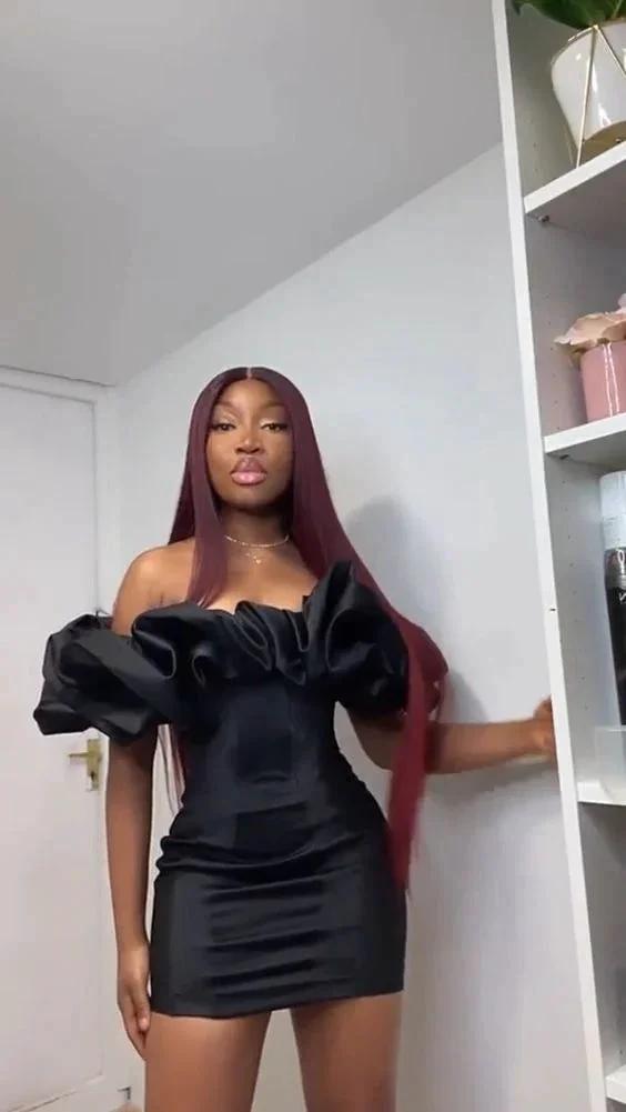 Elegant Women Satin Bodycon Dress Off Shoulder Ruffles Strapless Backless Fairy Princess Mini Dress Black Homecoming Dress (ZD12433)