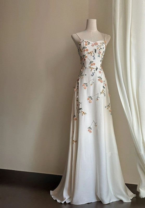 Spaghetti Straps White Satin Long Prom Dress,Elegant Evening Dress Wedding Dress With Appliques