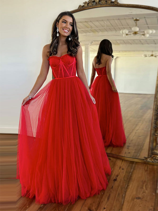 Red A-Line Strapless Sweetheart Neck Lace Long Prom Dress - VelvetHem