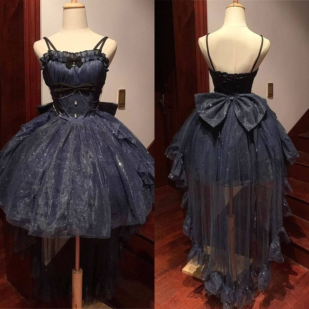 Cute Spaghetti Straps Navy Blue Tulle Sequin Birthday Outfits Short 8th Grade Homecoming Dress - VelvetHem