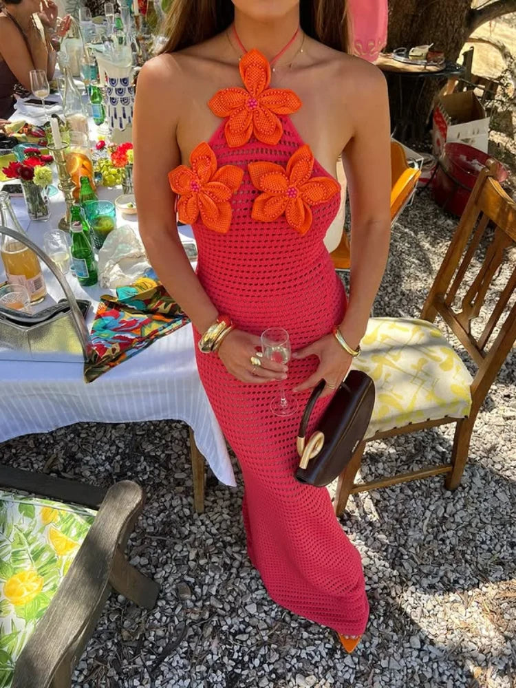 3D Flower Crochet Halter Backless Summer Dress - VelvetHem