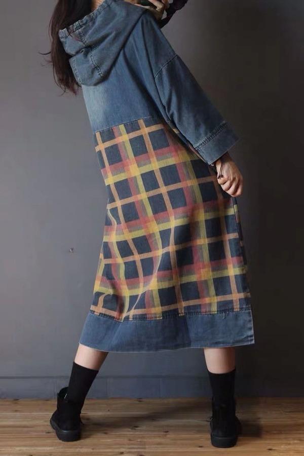 Vintage Spliced Hooded Dresses Female Spring Irregular Length Dress